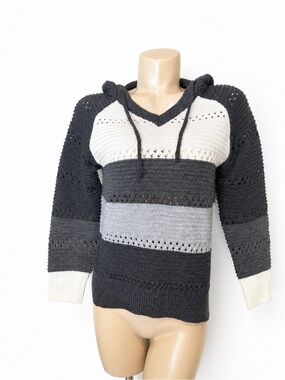 SHEIN Knit Hoodie Sweater Colorblock Gray White Size S Cozy Chic Pullover
